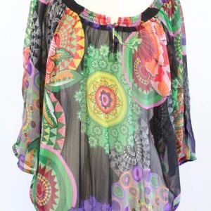 Desigual Betsy Sheer Smocked Colorful Medallion Print Top Blouse Size XL